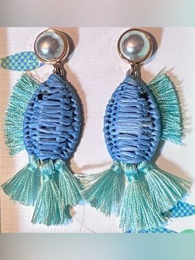 Piper K Woven Raffia Fish Tassel Earrings Blue Mint Nautical Beach Jewelry NIB
